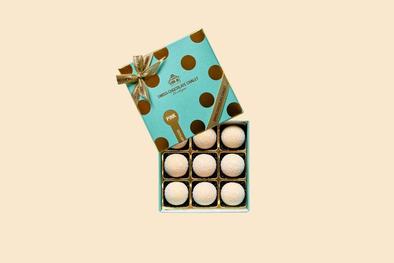 Champagner Truffes Pink "Polka Dots" Swiss Chocolate Chalet, 9 Stk.