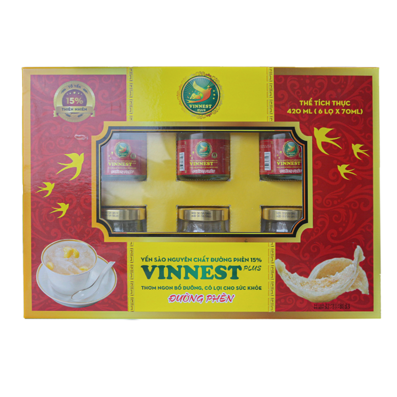 Yến Sào Đường Phèn Nguyên Chất 15% VINNEST PLUS (Hộp 6 lọ)