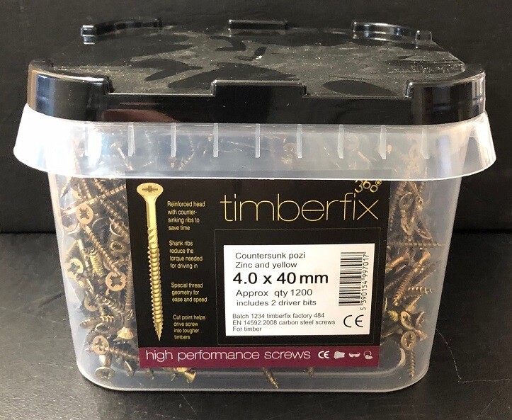 4.0 x 40mm Pozi CSK Timberfix 360 Premium Wood Screws Zinc & Yellow Tub of 1200