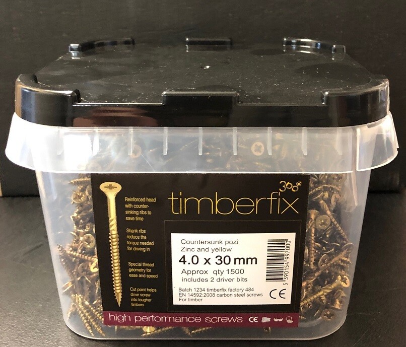 4.0 x 30mm Pozi CSK Timberfix 360 Premium Wood Screws Zinc &amp; Yellow  Tub of 1500