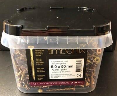 5.0 x 50mm Pozi CSK Timberfix 360 Premium Wood Screws Zinc &amp; Yellow  Tub of 600