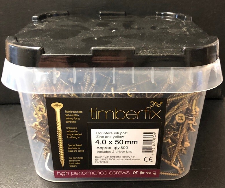 4.0 x 50mm Pozi CSK Timberfix 360 Premium Wood Screws Zinc &amp; Yellow  Tub of 800