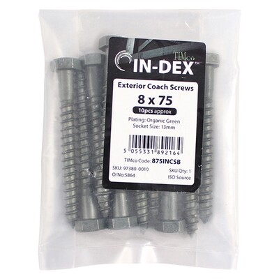 8.0 x 75mm Hex Head Coach Screws Green Coated  Pack of 10