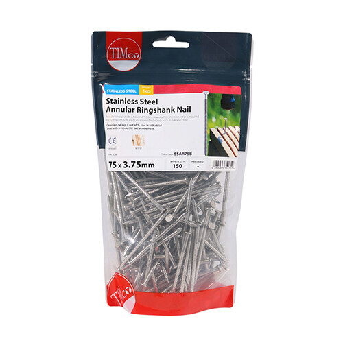 75 x 3.75mm Annular Ringshank Nails A2 Stainless Steel 1kg Bag