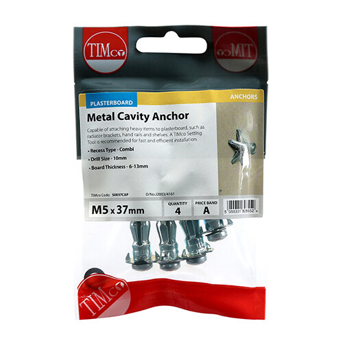 Metal Cavity Anchors - Zinc M5 x 37 (45mm Screw) Pack of 4