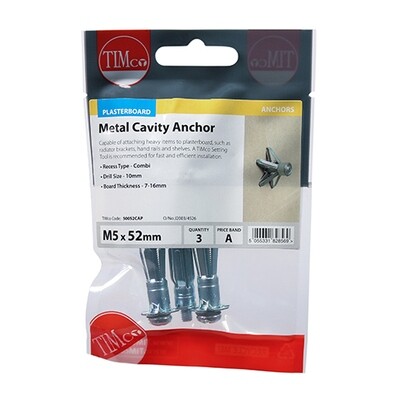 Metal Cavity Anchors - Zinc M5 x 52 (60mm Screw) Pack of 3