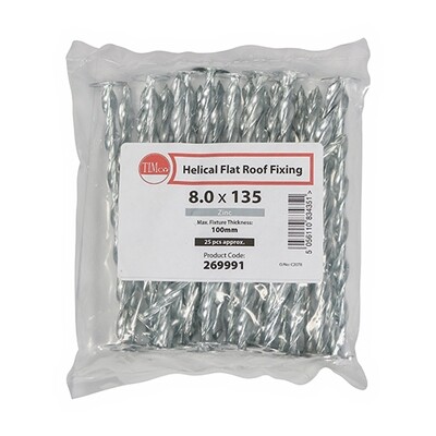 8.0 x 135mm Helical Flat Roof Fixing - Zinc Pack of 25