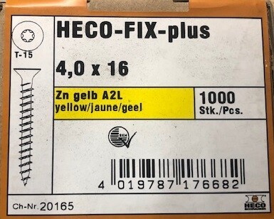 4.0mm x 16mm Heco Fix Plus Screws Countersunk TX15 Torx Zinc &amp; Yellow Box of 1000