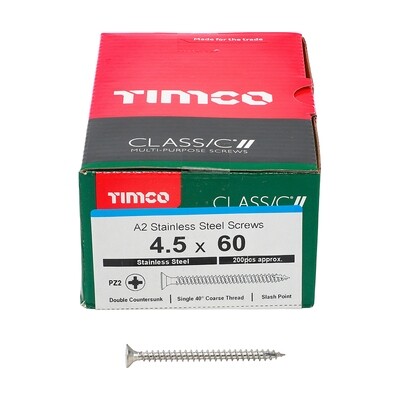 4.5 x 60mm Timco Classic Cut Point Countersunk Pozi Drive Wood Screws A2 Stainless Steel Box of 200