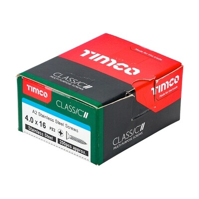 4.0 x 16mm Countersunk Pozi Drive Wood Screws Timco Classic A2 Stainless Steel Box of 200