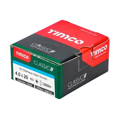 4.0 x 20mm Countersunk Pozi Drive Wood Screws Timco Classic A2 Stainless Steel Box of 200