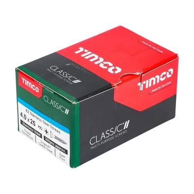 4.0 x 25mm Countersunk Pozi Drive Wood Screws Timco Classic A2 Stainless Steel Box of 200
