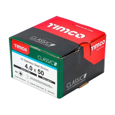 4.0 x 50mm Countersunk Pozi Drive Wood Screws Timco Classic A2 Stainless Steel Box of 200