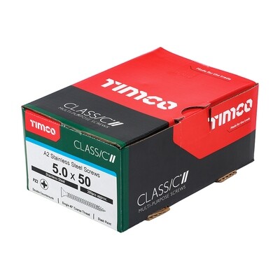 5.0 x 50mm Timco Classic Cut Point Countersunk Pozi Drive Wood Screws A2 Stainless Steel Box of 200