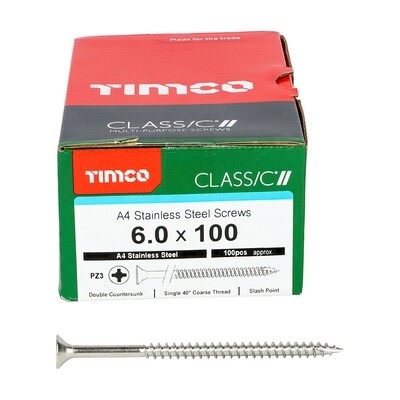 6.0 x 100mm Countersunk Pozi Drive Wood Screws A4 316 Stainless Steel  Part Thread Box of 100