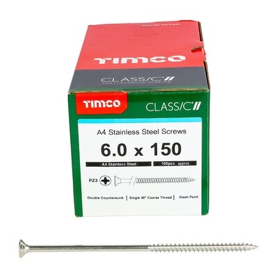 6.0 x 150mm Countersunk Pozi Drive Wood Screws A4 316 Stainless Steel  Part Thread Box of 100