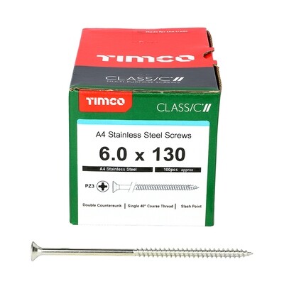 6.0 x 130mm Countersunk Pozi Drive Wood Screws A4 316 Stainless Steel  Part Thread Box of 100