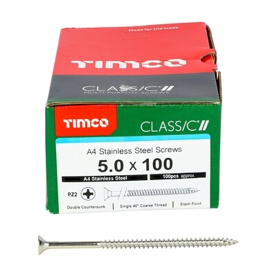 5.0 x 100mm Countersunk Pozi Drive Wood Screws A4 316 Stainless Steel  Part Thread Box of 100
