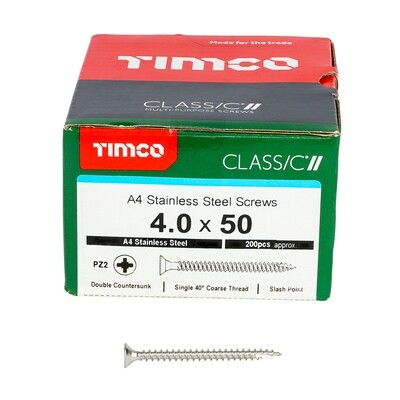 4.0 x 50mm Timco Classic Cut Point Countersunk Pozi Drive Wood Screws A4 Stainless Steel Box of 200