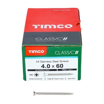 4.0 x 60mm Countersunk Pozi Drive Wood Screws Timco Classic A4 Stainless Steel Box of 200