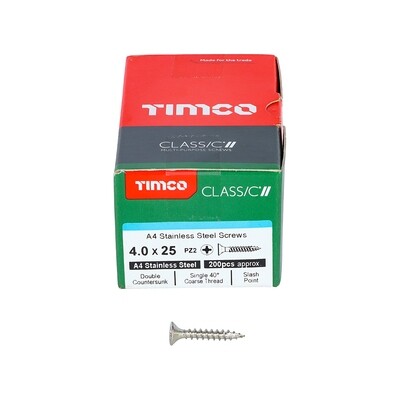 4.0 x 25mm Timco Classic Cut Point Countersunk Pozi Drive Wood Screws A4 Stainless Steel Box of 200