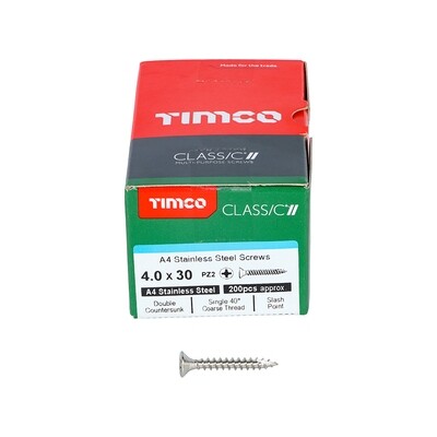 4.0 x 30mm Timco Classic Cut Point Countersunk Pozi Drive Wood Screws A4 Stainless Steel Box of 200