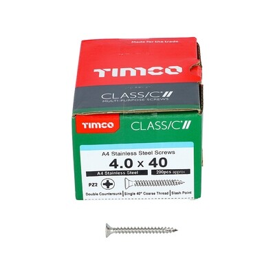 4.0 x 40mm Timco Classic Cut Point Countersunk Pozi Drive Wood Screws A4 Stainless Steel Box of 200