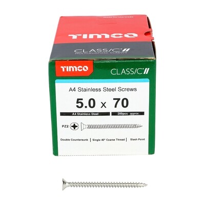 5.0mm x 70mm Cut Point Countersunk Pozi Drive Wood Screws A4 316 Stainless Steel  Box of 200