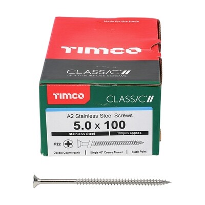 5.0 x 100mm Timco Classic Cut Point Countersunk Pozi Drive Wood Screws Part Thread A2 Stainless Steel Box of 100