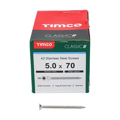 5.0 x 70mm Timco Classic Cut Point Countersunk Pozi Drive Wood Screws A2 Stainless Steel Box of 200