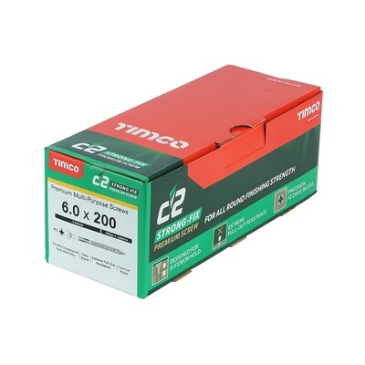 6.0mm x 200mm  C2 Strongfix Premium Pozi Countersunk Part Thread Wood Screws. Box of 100