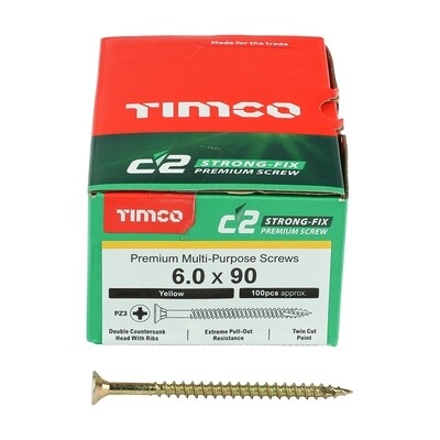 6.0mm x 90mm  C2 Strongfix Premium Pozi Countersunk Part Thread Wood Screws. Box of 100