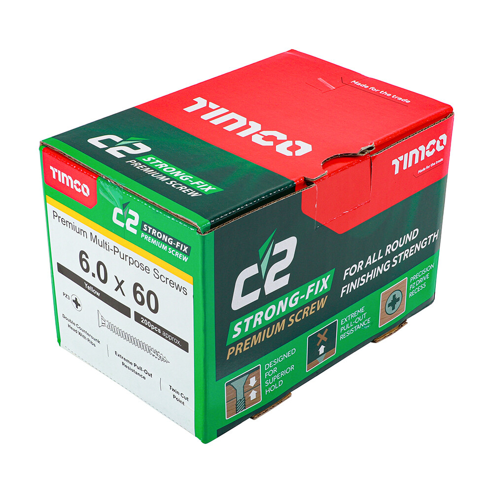 6.0mm x 60mm C2 Strongfix C2 Premium Pozi Countersunk Wood Screws. Box of 200