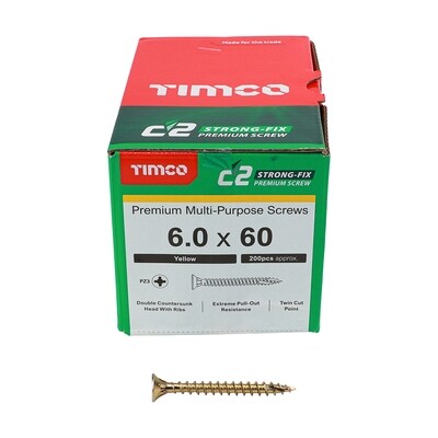 6.0mm x 60mm C2 Strongfix C2 Premium Pozi Countersunk Wood Screws. Box of 200