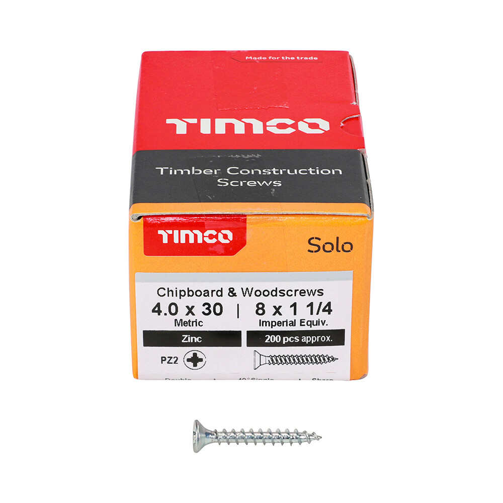 4.0 x 30mm Pozi Countersunk Timco Solo Wood Screws Bright Zinc Plated Box of 200