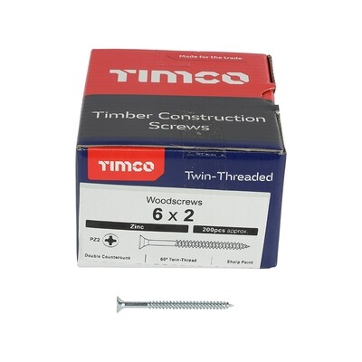 No.6 x 2 inch Pozi Countersunk Wood Screws Twin Thread Zinc Plated Box of 200