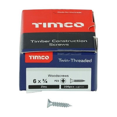 No.6 x 3/4 inch  Pozi Countersunk Wood Screws Twin Thread Zinc Plated Box of 200