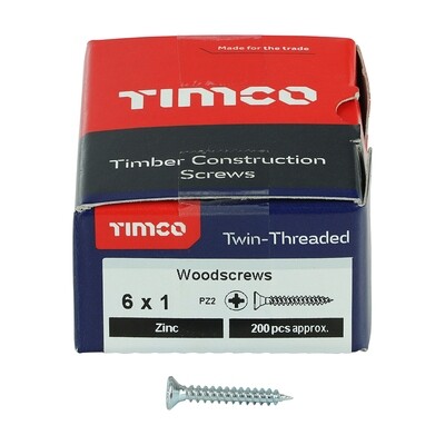 No.6 x 1 inch  Pozi Countersunk Wood Screws Twin Thread Zinc Plated Box of 200