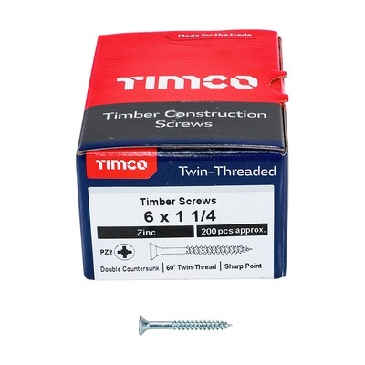 No.6 x 1 1/4   Pozi Countersunk Wood Screws Twin Thread Zinc Plated Box of 200