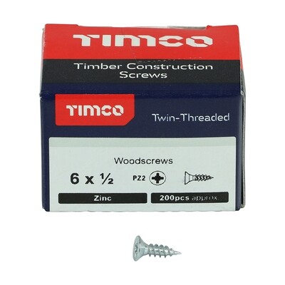No.6 x 1/2 inch  Pozi Countersunk Wood Screws Twin Thread Zinc Plated Box of 200
