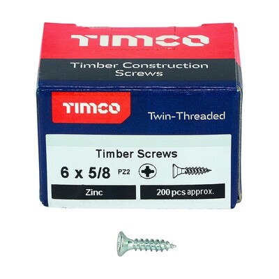No.6 x 5/8 inch  Pozi Countersunk Wood Screws Twin Thread Zinc Plated Box of 200