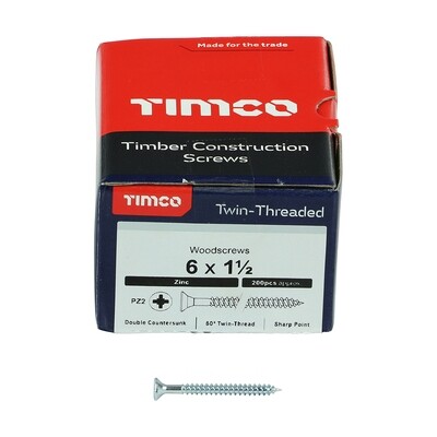 No.6 x 1 1/2  Pozi Countersunk Wood Screws Twin Thread Zinc Plated Box of 200