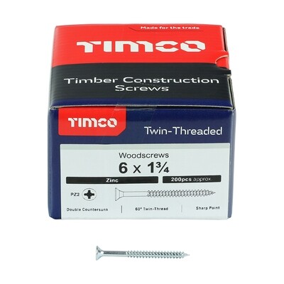 No.6 x 1 3/4  Pozi Countersunk Wood Screws Twin Thread Zinc Plated Box of 200