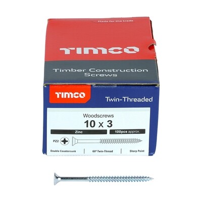No.10 x 3 inch  Pozi Countersunk Wood Screws Twin Thread Zinc Plated Box of 200