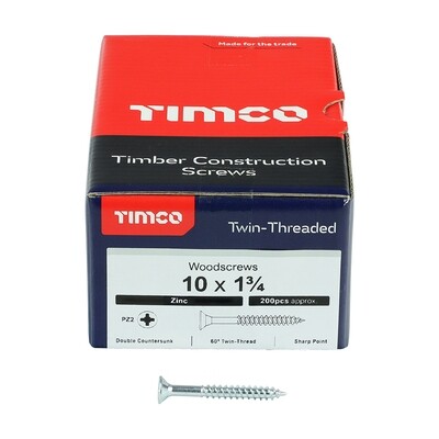 No.10 x 1 3/4 inch  Pozi Countersunk Wood Screws Twin Thread Zinc Plated Box of 200