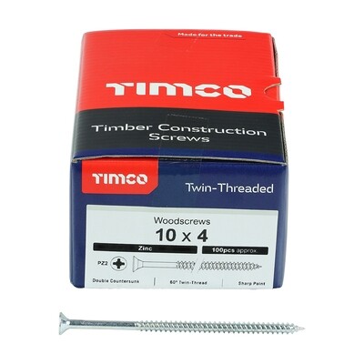 No.10 x 4 inch  Pozi Countersunk Wood Screws Twin Thread Zinc Plated Box of 100