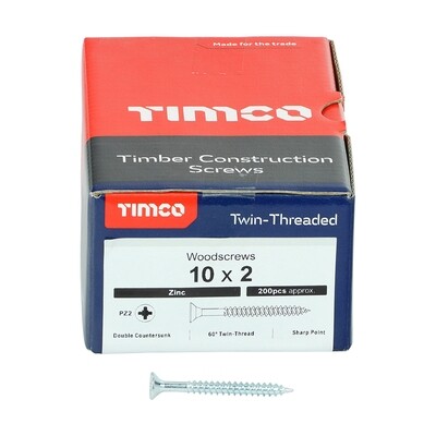 No.10 x 2 inch  Pozi Countersunk Wood Screws Twin Thread Zinc Plated Box of 200