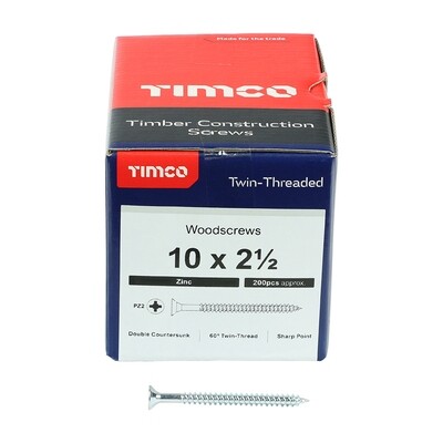 No.10 x 2 1/2 inch  Pozi Countersunk Wood Screws Twin Thread Zinc Plated Box of 200