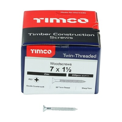 No.7 x 1 1/2 Pozi Countersunk Wood Screws Twin Thread Zinc Plated Box of 200