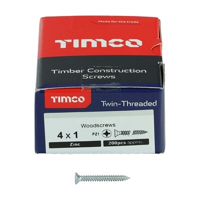 No.4 x 1 inch  Pozi Countersunk Wood Screws Twin Thread Zinc Plated Box of 200